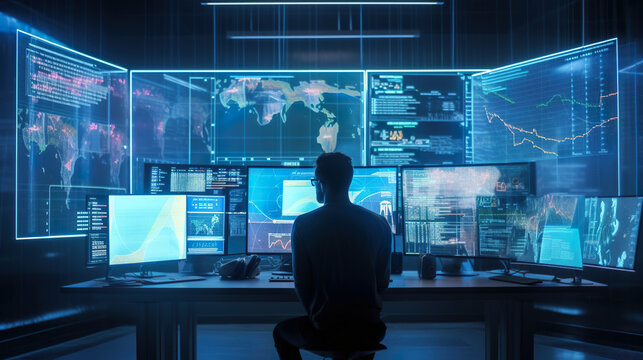A man sitting at a desk in front of multiple computer screens. AI generative image