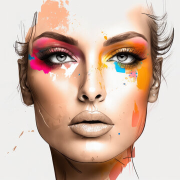 Face chart with creative colorful makeup. Cosmetics and make up concept. Generative AI