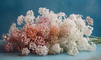 Fototapeta na wymiar a bunch of white and pink flowers on a blue background. generative ai