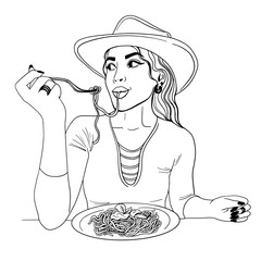 Girl eating pasta illustration. Pretty young woman with plate of Italian pasta outline vector cartoon illustration.Hand drawn vector line art of pretty woman eats pasta, plate of instant noodles. 