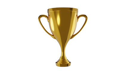 Golden shiny trophy cup with handles isolated on transparent background. First place. Award concept. 3D render