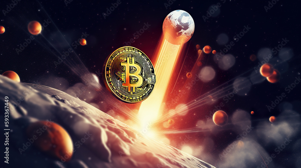 Poster a bit coin flying through the air over a planet. ai generative image