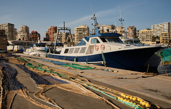 Fishing Nets Dry On Shore.Pile Commercial Fish Nets And Gill Nets.