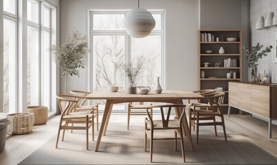  a dining room with a table and chairs and a large window.  generative ai
