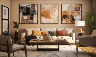 a living room filled with furniture and paintings on the wall.  generative ai