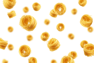 Falling raw Tagliatelle, Tagliolini, Fettuccine, uncooked Italian Pasta, isolated on white background, selective focus