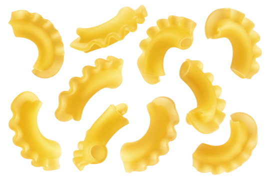raw Creste di gallo, uncooked Italian Pasta, isolated on white background, full depth of field