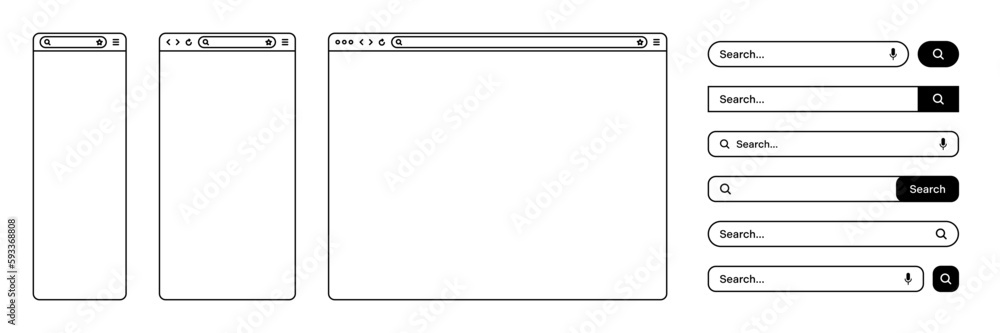 Aufkleber blank web browser, internet page window with toolbar and search bar, field. modern website in flat s