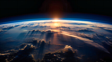 The sun rising over the earth is visible from space
