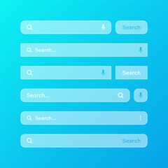 Fototapeta na wymiar Various transparent search bar templates. Internet browser engine with search box, address bar and text field. UI design, website interface element with web icons and push button. Vector illustration