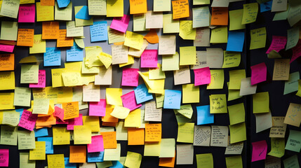 Colorful Post-its with some scribbles on a wall, generative ai
