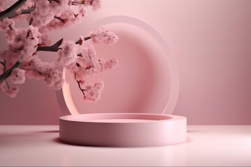Pink podium display with Sakura pink flower tree frame, featuring a floral pedestal for promoting cosmetic or beauty products. This abstract 3D render provides a copy space spring mockup.