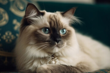 close up portrait of relaxed ragdoll cat lying on a green velvet couch in a living room - Generative AI