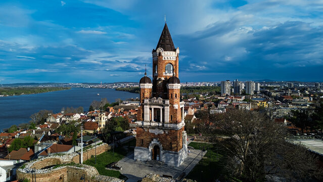 DJI Mini 3 photo od Gardos Tower in Zemun - Belgrade Serbia just before the rain with river Danube in background.
