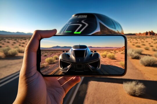 A hand holding a smartphone with a futuristic car displayed on the screen against a desert landscape, generative ai