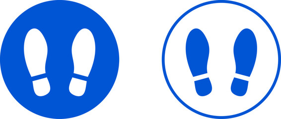 Blue and White Please Wait Here Thank You Social Distancing Round Floor Marking Sticker Icon with Footprint or Shoeprint. Vector Image.	

