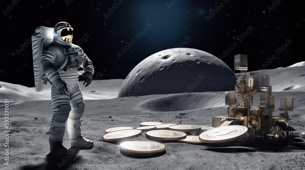 Poster a man in a space suit standing on the moon. ai generative image