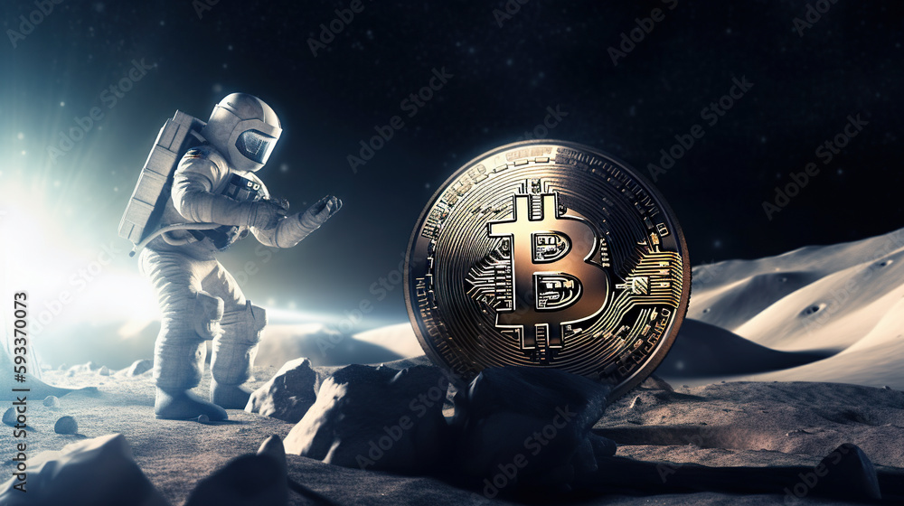 Poster an astronaut standing on the moon with a bitcoin in his hand. ai generative image
