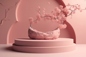 Floral beauty product display on pink stone podium with sakura branch shadow. Minimal 3D render for spring promotion.