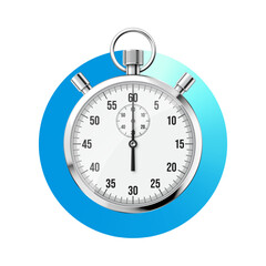 Realistic classic stopwatch. Shiny metal chronometer, time counter with dial. Blue countdown timer showing minutes and seconds. Time measurement for sport, start and finish. Vector illustration