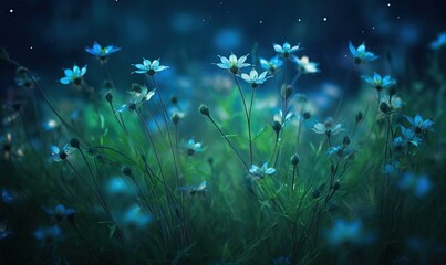  a bunch of blue flowers in a field of green grass.  generative ai