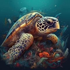 Fototapeta premium Turtle on garbage in sea. Pollution problems. Generative AI.