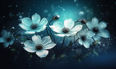  a bunch of flowers that are on a blue background with water droplets.  generative ai
