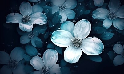  a bunch of flowers that are on a black background with water droplets.  generative ai