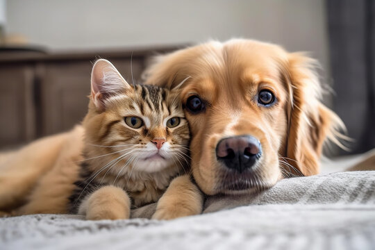 A cat and a dog laying on a bed. AI generative image