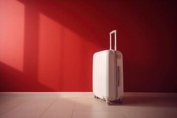 White suitcase on Red background. 3D rendering. travel concept. minimal style. Generative AI