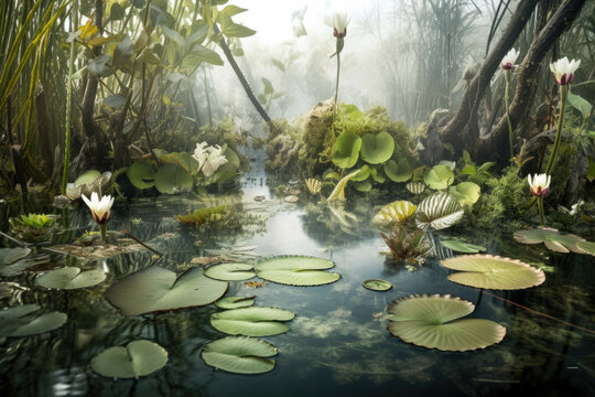 A small pond with lily pads and other aquatic plants, isolated on white background - Generative AI