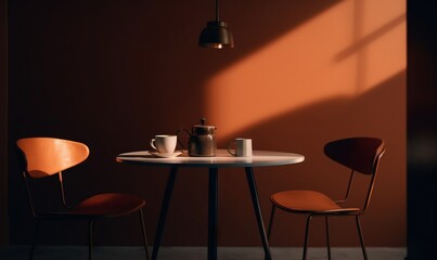  a table with two chairs and a coffee mug on it.  generative ai