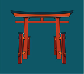 Torii gate on a dark background. Entrance to the Japanese temple. Sight of ancient architecture. Travel to Japan. isolated object. Vector illustration.