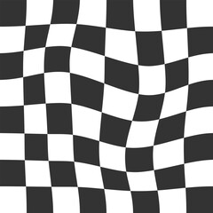 Warped chess board background. Checkered optical illusion. Psychedelic pattern with distorted black and white squares. Race flag or plaid texture. Trippy checkerboard surface