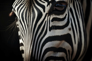 Fototapeta na wymiar A close up of a zebra's face, with its stripes visible in the background - Generative AI