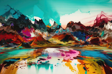 Fototapeta na wymiar a colorful and vibrant abstract landscape with a lake and mountains in the background - Generative AI