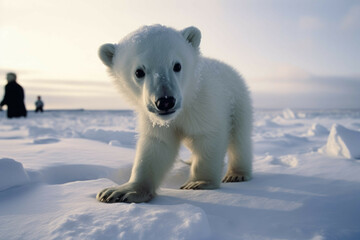 Obraz na płótnie Canvas A polar bear cub playing in the snow of the Arctic tundra - Generative AI