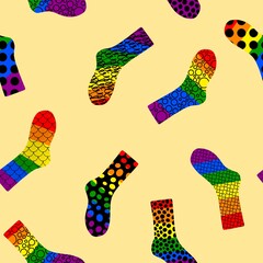 Cartoon rainbow pride month seamless socks pattern for fabrics and linens and wrapping paper