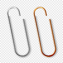 Realistic copper and steel paperclips attached to paper. Shiny metal paper clip, page holder, binder. Workplace office supplies. Vector illustration