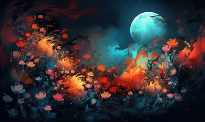Naklejka na ściany i meble a painting of a full moon in the sky with flowers. generative ai