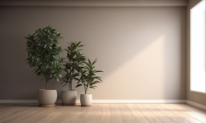 Fototapeta na wymiar three potted plants in front of a window in a room. generative ai