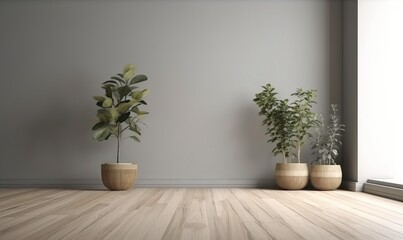  three potted plants in front of a window on a wooden floor.  generative ai