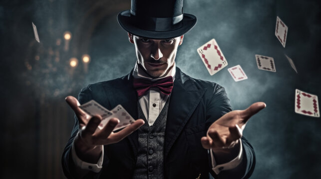 Magician with cards on black background created with generative AI technology