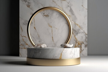 A stone podium with a round gold-rimmed frame showcases a beauty product on a white pedestal against a natural shadow on rough grey rock in an abstract, minimal. Generative ai.