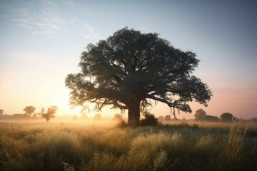 Plakat A single tree in a field at sunrise, emphasizing the importance of preserving nature - Generative AI