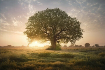 Plakat A single tree in a field at sunrise, emphasizing the importance of preserving nature - Generative AI