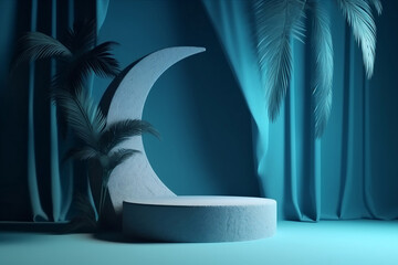 A cosmetic product on a stone podium with blue backdrop and palm shadow, showcased in a minimalist. Generative ai.