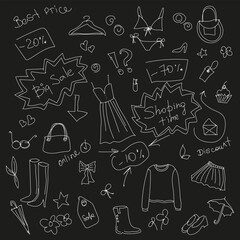 Set of doodle clothes and spring accessories in outline sketch. Spring woman fashion. Spring sale illustrations for white outline on black board. Use for fabrics, Wallpaper, background, packaging.