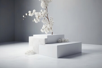 White podium with sakura branch cube display. Floral stone pedestal for beauty product promotion. Generative ai.