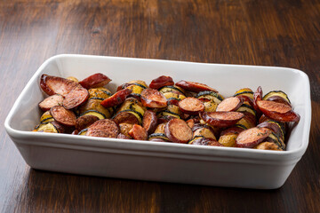 Potato skewers with sausage and zucchini